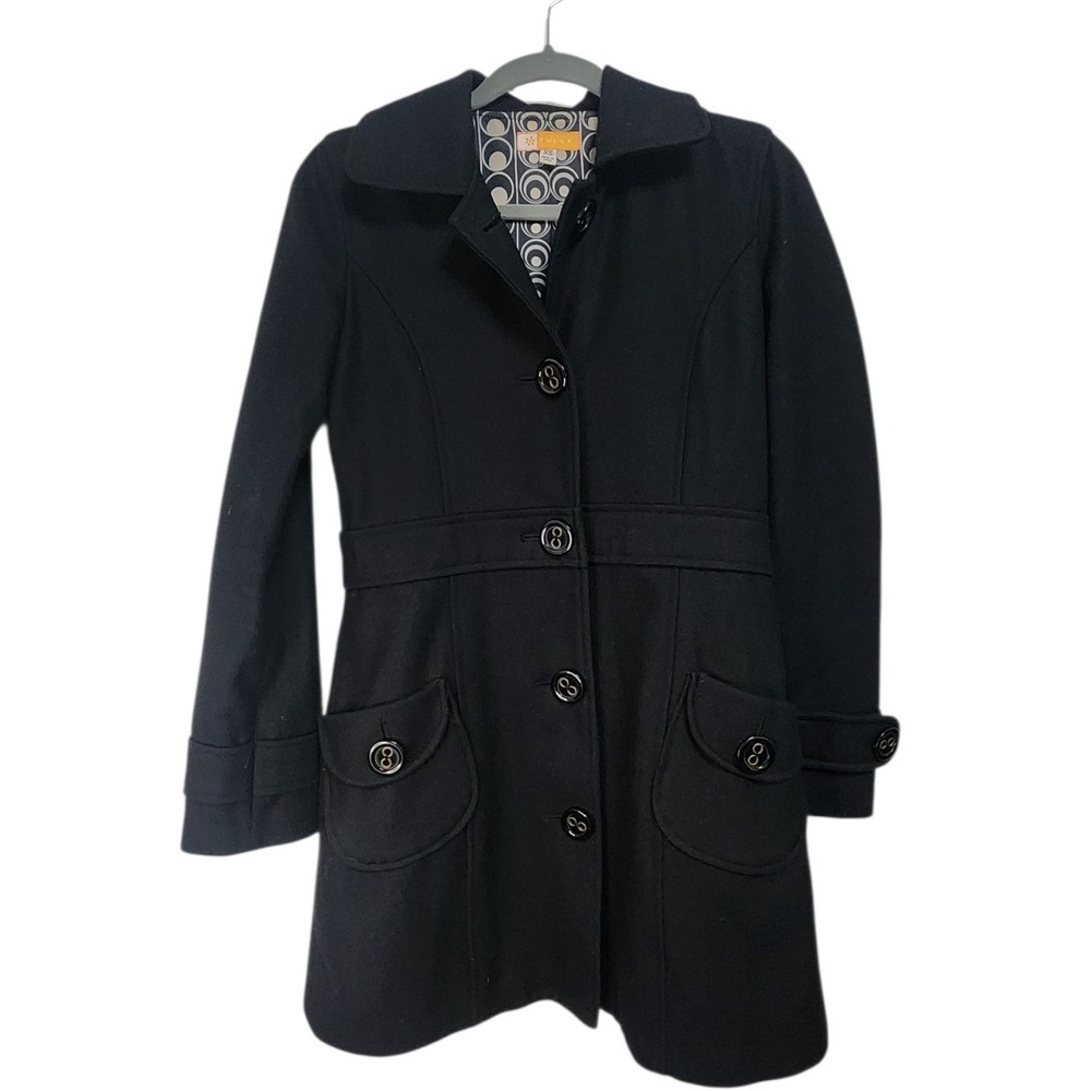 Tulle Black Wool Blend Belted Collared‎ Button Front Coat Womens XS